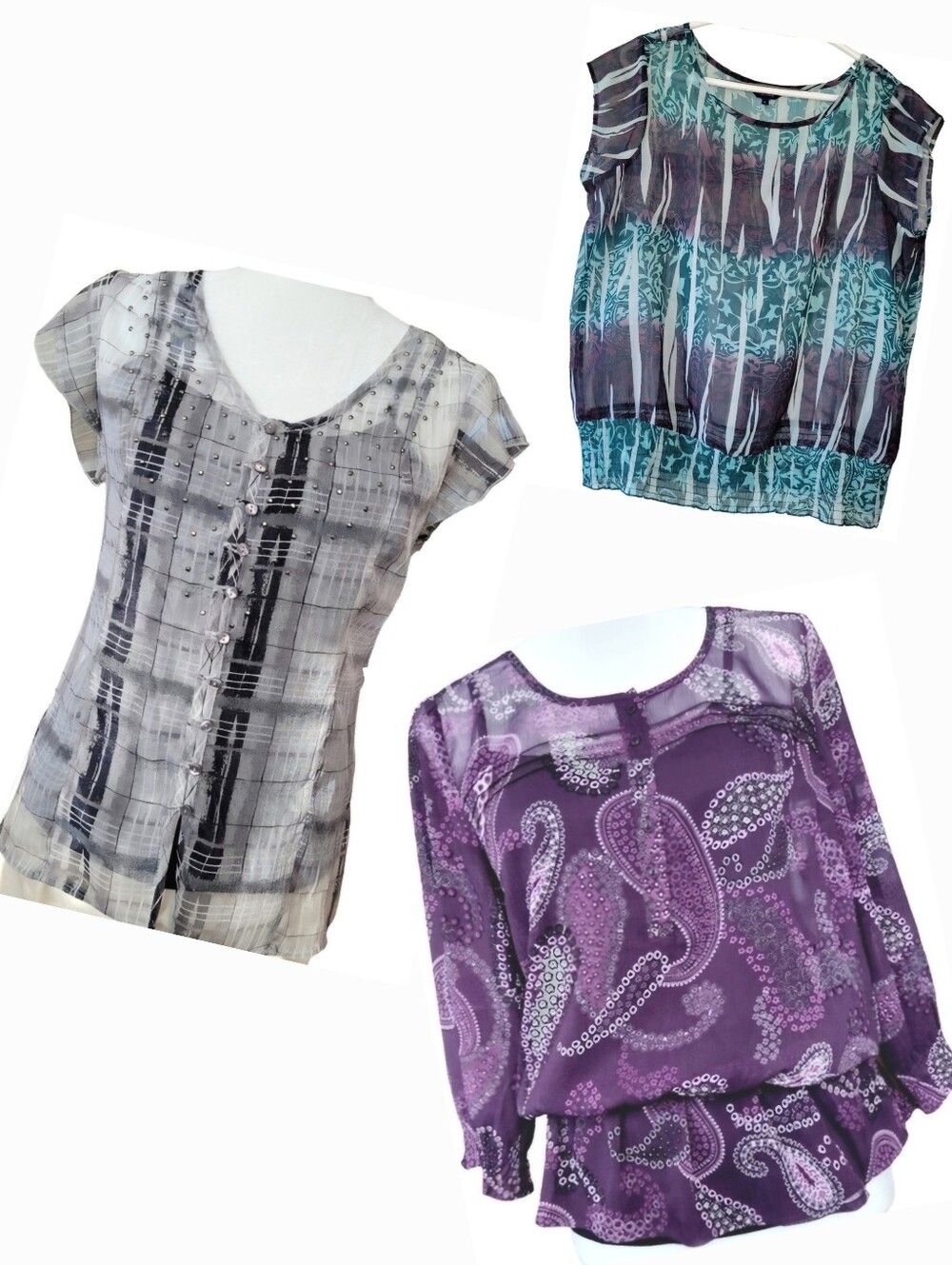 Reitmans Set Of 3 Sheer Tops Size L (Purple and Blue) & LP (Grey)